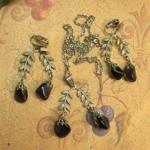 *SOLD*  Black Glass Silver Pendant Necklace Earrings Set